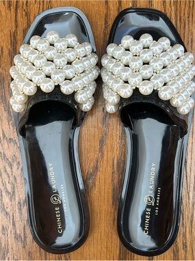 Chinese Laundry Black Slides with Pearl-Strand Embellishment